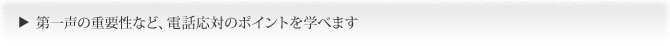 第一声の重要性など電話応対のポイントを学べます